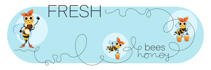Swarm bees. Honey bees. Cartoon cute character. Bee horizontal poster, banner. Vector illustration 