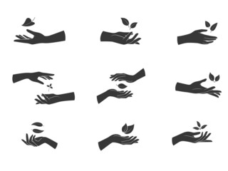 Hands hold a leaf of the plant. Collection of eco sings. Vector illustration isolated on white background