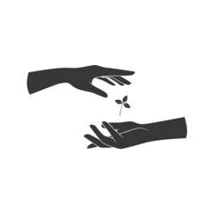 Hands hold a leaf of the plant. Vector illustration isolated on white background