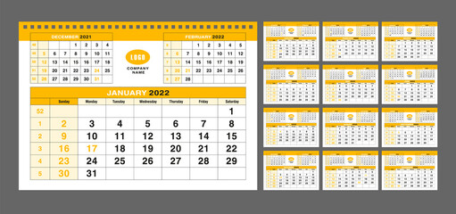 Calendar 2022, week start Sunday corporate design planner, editable template. Calender table grid graphic concept vector illustration with USA holidays