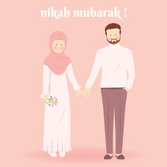 Cute Romantic Muslim Couple Getting Married Holding Hand Together Illustration