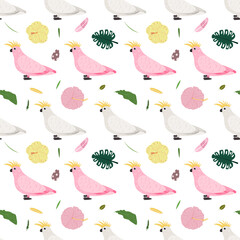 Seamless pattern with white and pink parrots cockatoo, tropical leaves and flowers. Cute baby print for fabric and textile.