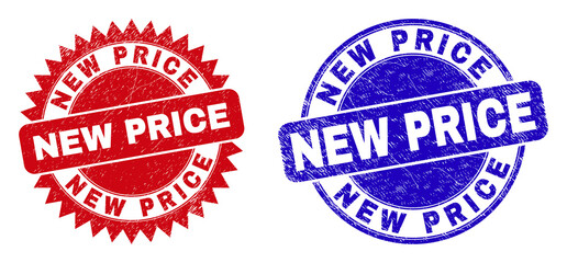Round and rosette NEW PRICE stamps. Flat vector distress stamps with NEW PRICE phrase inside round and sharp rosette shape, in red and blue colors. Rubber imitations with distress texture, - 460252836