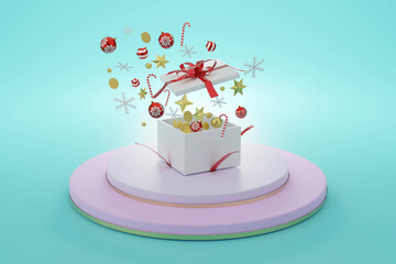 gift box opened In the festive season of Christmas, Christmas balls, snowflakes, stars and candy canes.