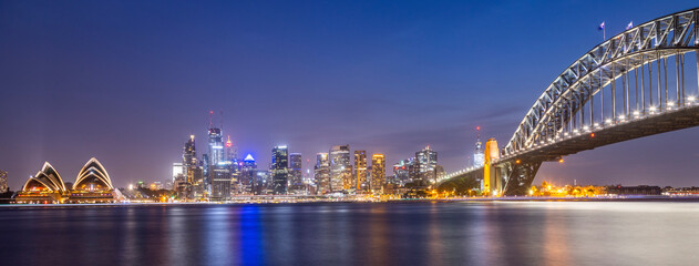 city harbour bridge at night. skyline of sydney by night. 