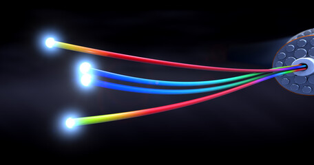 optical light guide cables or fiber optics with open ends shine very brightly - 3d illustration