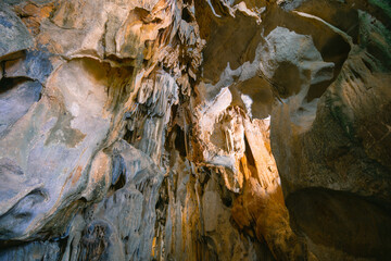 The interior of the cave. Ancient formations of stone. Touristic hiking route. Concept of excursions and attractions. (Cuceler magarasi) Tirilar, Sapadere, Alanya