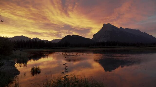 Sunrise in Banff over Vermillion Lake with the sky on fire