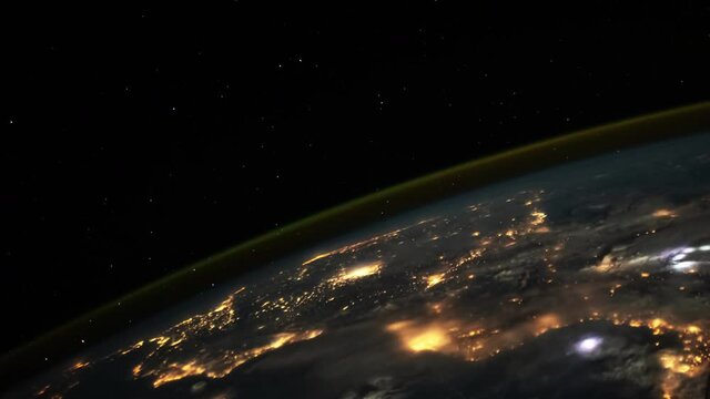 Lightning clouds storm rain night, spectacular time lapse from space planet earth rotating with night light animation. Images furnished by Nasa