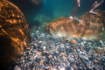 Underwater view. Sapadere canyon and waterfall, Nature, Travel and vacation concept. Summer sunny day. Alanya turkey