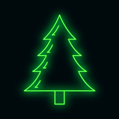 Concept christmas fir tree icon green neon glow style, happy new year, merry christmas flat vector illustration, isolated on black.