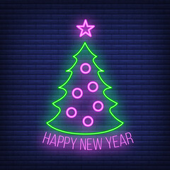 Concept christmas fir tree icon with star green neon glow style, happy new year and merry christmas flat vector illustration, isolated on brick black.