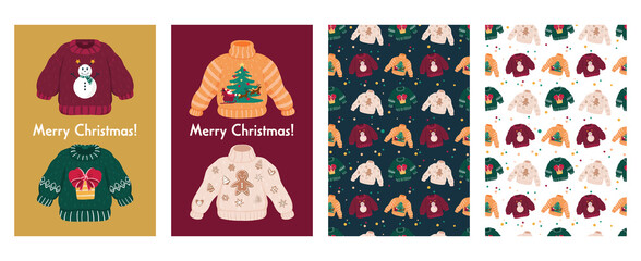 Big cute Christmas set with ugly sweaters cards and patterns. Funny Xmas jumpers with snowman, gingerbread cookie, sleigh, Santa and deers and backgrounds. Isolated objects. 