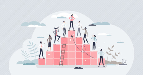 Hierarchy rank and pyramid type career development ladder tiny person concept. Company organization system from low level workers to CEO and director vector illustration. Organization team structure. - obrazy, fototapety, plakaty