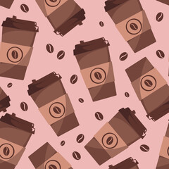 Set of cafe seamless patterns or backgrounds. Vector Seamless scene with paper coffee cup and coffee beans. Cafe background for wallpaper or shell.