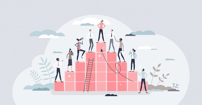 Hierarchy Rank And Pyramid Type Career Development Ladder Tiny Person Concept. Company Organization System From Low Level Workers To CEO And Director Vector Illustration. Organization Team Structure.