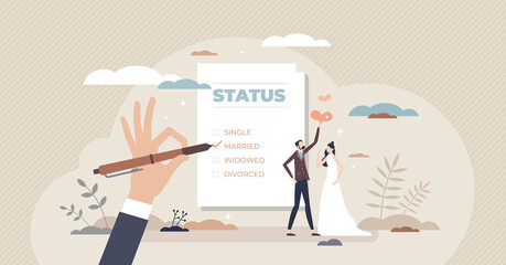 Marital status change with couple relationship type tiny person concept. Checkbox list with single, married, widowed and divorced options for couple vector illustration. Official wedding and marriage. - obrazy, fototapety, plakaty