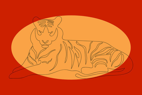 Chinese tiger. One continuous drawing of a tiger. Vector color illustration, greeting banner, poster. Chinese new year background