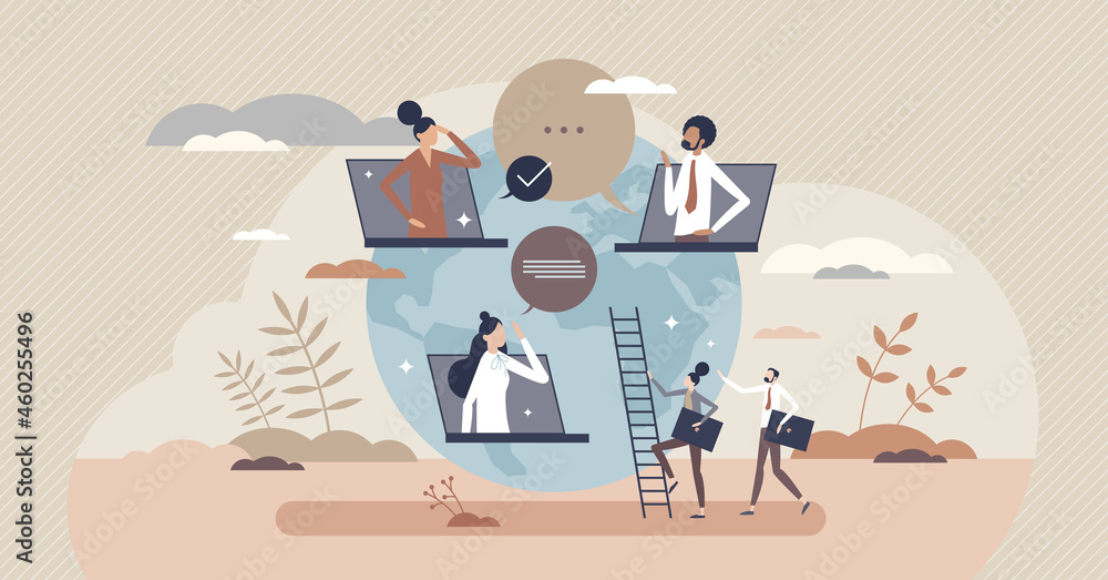 Poster meetup or digital meeting online as business conversation tiny person concept. remote communication 