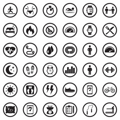 Activity Tracking Icons. Black Flat Design In Circle. Vector Illustration.