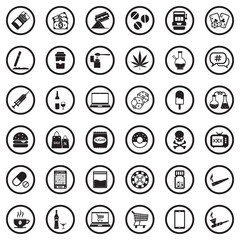 Addiction Icons. Black Flat Design In Circle. Vector Illustration.