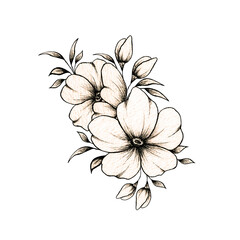 Vintage flower bouquet with big and small flowers, hand drawn botanical illustration with line art flowers, black ink sketch florals great for tattoo, invitations, greeting cards, decor