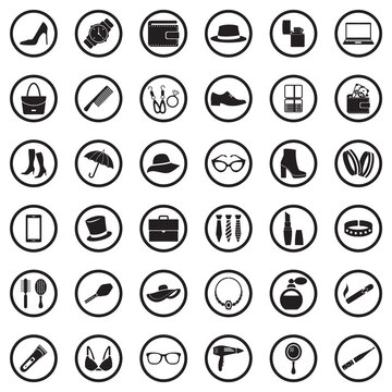 Accessories Icons. Black Flat Design In Circle. Vector Illustration.