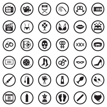 Adult Movie Icons. Black Flat Design In Circle. Vector Illustration.