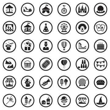 Amusement Park Icons. Black Flat Design In Circle. Vector Illustration.