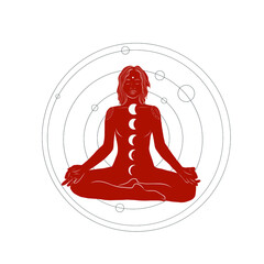 Silhouette of meditating woman with chakras, space and orbits. Lotus yoga pose. Tantra, kundalini. Hand drawn spiritual art. 