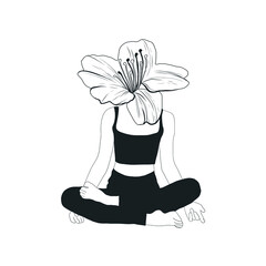 Woman in lotus position with flower. Esoteric drawing of meditating woman. Spiritual magical hand drawn art. 