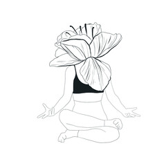 Woman in lotus position with flower. Esoteric drawing of meditating woman. Spiritual magical hand drawn art. 