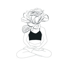 Woman in lotus position with flower. Esoteric drawing of meditating woman. Spiritual magical hand drawn art. 