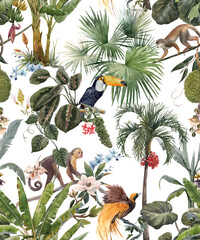 Fototapety  Piękny bezszwowe tropikalny kwiatowy wzór z ręcznie rysowane akwarela egzotycznej dżungli palmami i zwierzętami. Tukan małpa i rajski ptak. Ilustracji.