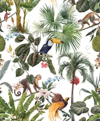 Fototapeten Schönes, nahtloses tropisches Blumenmuster mit handgezeichneten Aquarellen, exotischen Dschungelpalmen und Tieren. Toucan-Affe und Paradiesvogel. Abbildung auf Lager. © zenina