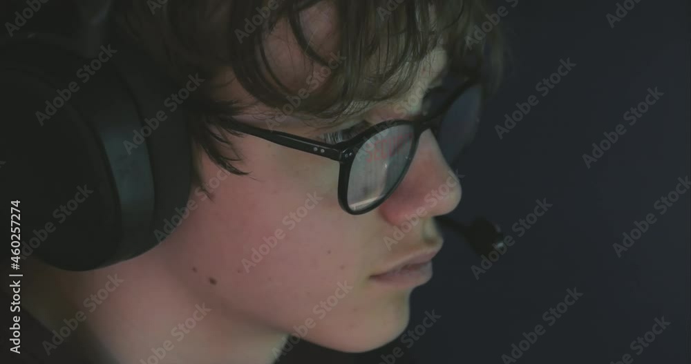 Poster young mans glasses reflecting him hacking on a computer screen - 3d animation