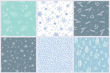 Seamless pattern set. The collection is a cozy winter decoration with twigs, a Christmas tree, berries, frosty ornaments, snowflakes. Vector graphics.