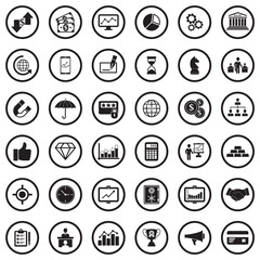 Business And Finance Icons. Black Flat Design In Circle. Vector Illustration.