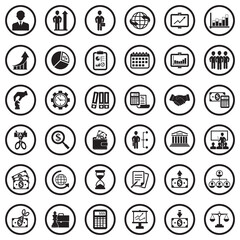 Business Icons. Black Flat Design In Circle. Vector Illustration.