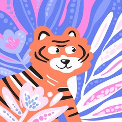 Cute tiger in jungles, vector illustration.
