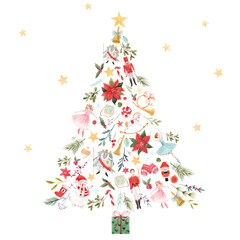 Beautiful christmas abstract fir tree with gifts hand drawn watercolor stock illustration.