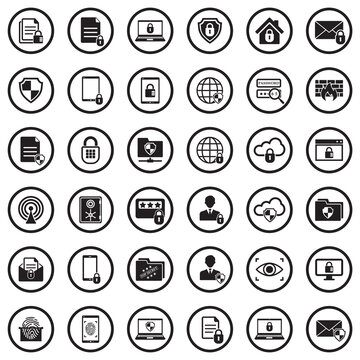 Business Data Protection Technology Icons. Black Flat Design In Circle. Vector Illustration.