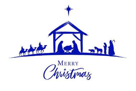Nativity scene blue silhouette Jesus in manger, shepherd and wise men. Christmas story Mary Joseph and baby Jesus. The birth of Christ with Bethlehem star, vector illustration