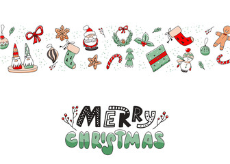 Fototapeta na wymiar Christmas horizontal background with doodles and lettering. Merry Christmas inscription. Vector illustration with hand drawn elements