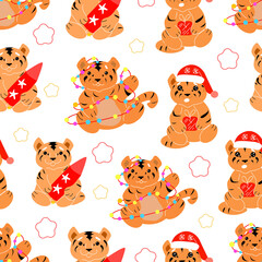 Seamless pattern with New Year's tiger cubs.