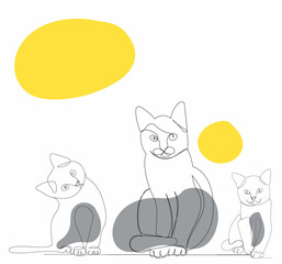 one line drawing of a cat and kittens, isolated vector