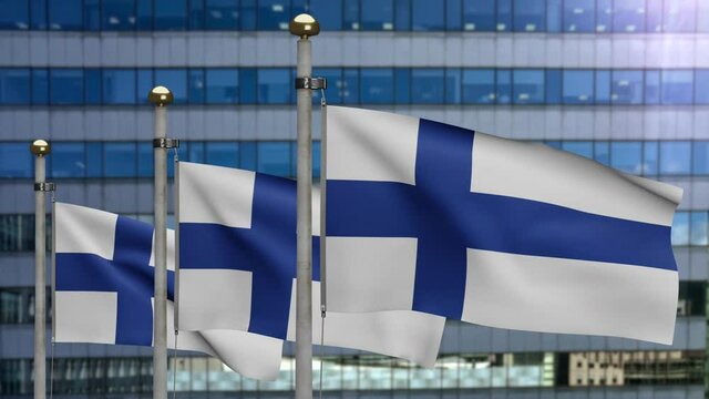 3D, Finlandian flag waving on wind with modern skyscraper city. Finland banner blowing smooth silk. Cloth fabric texture ensign background. Use it for national day and country occasions concept.