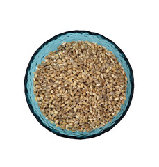 pearl barley in a blue bowl on a white background