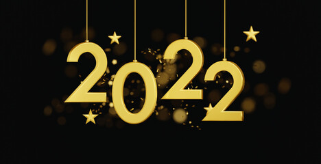 Happy New Year 2022. Celebrate party 2022, Golden Number, Web Poster, banner, cover card, layout design. 3D Rendering.