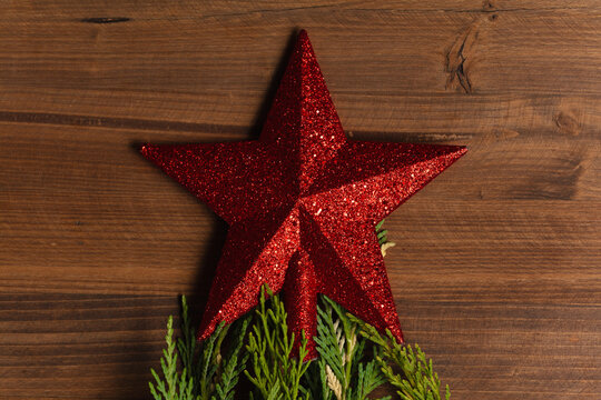 Christmas background. with christmas tree on wooden background. Christmas card. Top View. copy space.